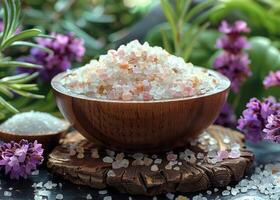 ai généré en bois bol de rose himalayen sel et en bois cuillère avec violet fleurs et vert feuilles dans le Contexte photo