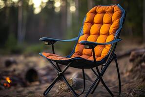 ai généré Orange pliant chaise des stands sur le rive de forêt Lac dans le soir photo