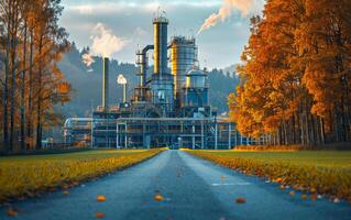 ai généré grand usine est entouré par des arbres et route. photo