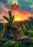 ai généré magnifique orchidée fleur grandit dans chaussure sur le herbe à le coucher du soleil photo