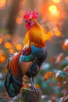 ai généré coq chant dans le Matin avec rayons de soleil photo