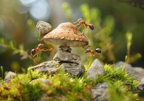 ai généré rouge forêt fourmis sont porter champignon photo