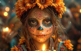ai généré une fille avec sucre crâne maquillage et fleurs dans sa cheveux en portant bougie à nuit. Halloween photo