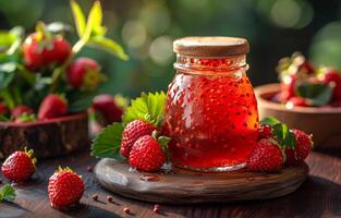 ai généré fraise confiture dans pot et Frais baies sur en bois table photo