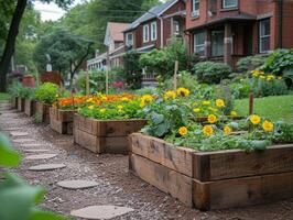 ai généré rangée de élevé jardin des lits avec fleurs dans de face de rangée de Maisons photo