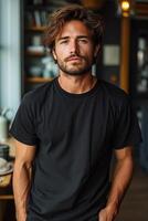 ai généré portrait de Beau Jeune homme avec barbe portant noir T-shirt permanent à le café photo