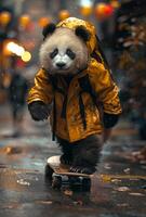 ai généré Panda dans Jaune veste monte planche à roulette dans le pluie photo