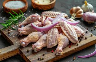 ai généré brut poulet ailes sur Coupe planche avec épices et herbes photo