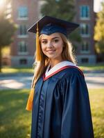 ai généré souriant femelle diplômé dans casquette et robe sur Université Campus à d'or heure photo