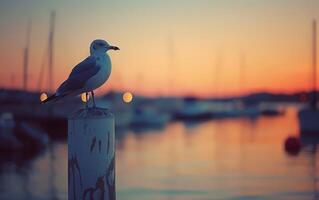 ai généré tranquille mouette à le coucher du soleil Marina photo