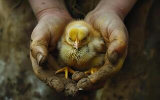 ai généré soumissionner mains berceau une en train de dormir poussin, symbolisant se soucier et le doux débuts de la vie au milieu de le terreur de sol et travail photo