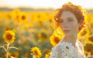 ai généré une femme avec frisé rouge cheveux des stands au milieu de une tournesol champ photo