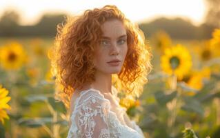 ai généré une femme avec frisé rouge cheveux des stands au milieu de une tournesol champ photo