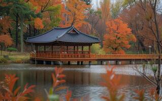 ai généré tranquille l'automne pavillon par le Lac photo