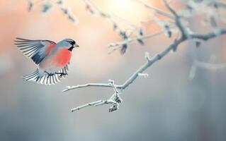 ai généré bouvreuil oiseau dans vol à crépuscule photo