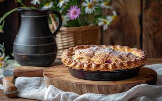 ai généré fait maison Pomme tarte sur rustique en bois table photo