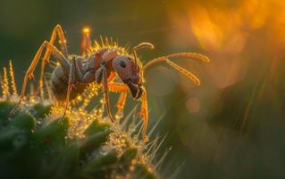 ai généré une macro coup capture une solitaire fourmi couvert dans des gouttes de rosée photo