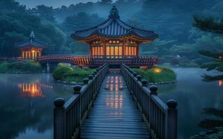 ai généré serein crépuscule à le traditionnel coréen pavillon photo