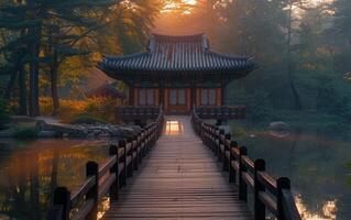 ai généré une tranquille Oriental pavillon perchoirs plus de une vitreux lac, enveloppé dans Matin brouillard photo