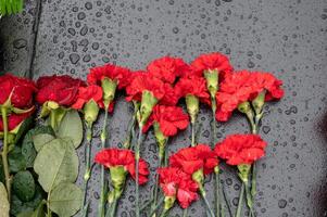 rouge œillet fleurs et des roses sont posé sur une marbre dalle dans le pluie photo