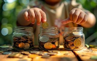 ai généré une enfant mains soigneusement placement pièces de monnaie dans verre bocaux, symbolisant de bonne heure financier éducation photo