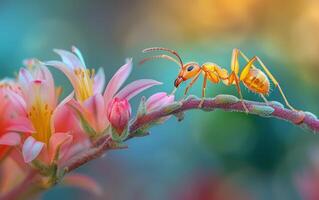 ai généré une macro la photographie chef-d'oeuvre mettant en valeur un fourmi périple le long de une flou plante tige photo