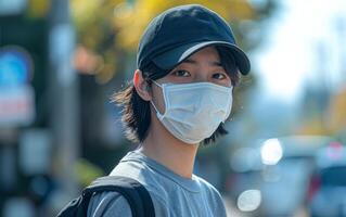 ai généré une Jeune homme avec une noir casquette et chirurgical masque, Nouveau Ordinaire dans une animé Urbain réglage photo