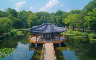 ai généré tranquille traditionnel pavillon par une Lac photo