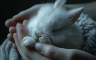 ai généré une nouveau née lapin, doux et serein, mensonges confortablement dans le doux embrasse de soins mains photo