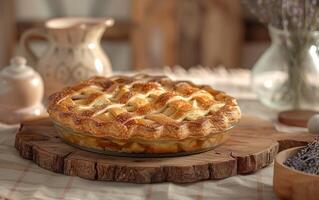 ai généré d'or teinte de une fraîchement cuit Pomme tarte, avec une parfait treillis croûte photo