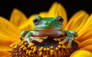 ai généré une vert arbre grenouille perchoirs sur le riche, marron centre de une brillant Jaune tournesol photo