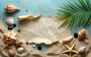 ai généré un aérien vue de une été sur le thème de la plage toile de fond, avec une Vide papier faire défiler pour maquette dessins photo