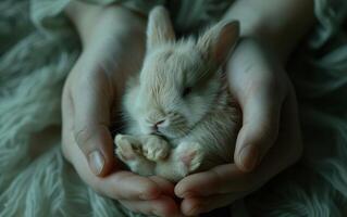 ai généré une nouveau née lapin, doux et serein, mensonges confortablement dans le doux embrasse de soins mains photo