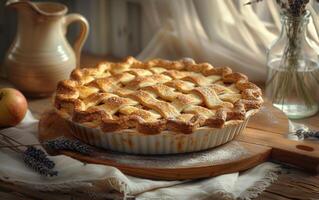 ai généré d'or teinte de une fraîchement cuit Pomme tarte, avec une parfait treillis croûte photo