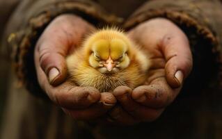 ai généré soumissionner mains berceau une en train de dormir poussin, symbolisant se soucier et le doux débuts de la vie au milieu de le terreur de sol et travail photo