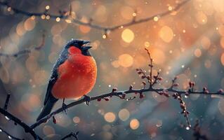 ai généré rouge bouvreuil sur une neigeux branche photo