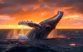 ai généré une Stupéfiant afficher de une à bosse baleine briser le océan surface avec une spectaculaire le coucher du soleil photo