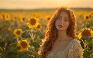 ai généré le coucher du soleil lueur dans tournesol champ photo