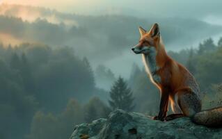 ai généré brumeux forêt Matin avec Renard photo