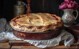 ai généré fraîchement cuit Cerise tarte est assis sur une en bois conseil, farine saupoudré et d'or photo