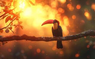 ai généré toucan à le coucher du soleil photo
