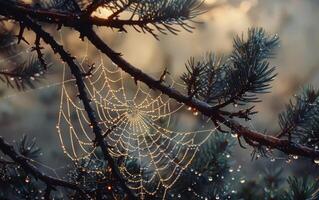 ai généré embrassé par la rosée toile d'araignée sur pin branche photo