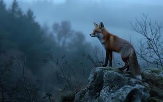 ai généré brumeux Renard sur alerte dans crépuscule photo