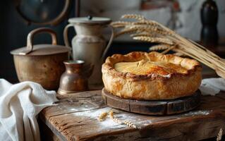 ai généré une classique tarte repose sur une en bois dalle, avec le lueur de Matin lumière éclairant ses d'or croûte photo