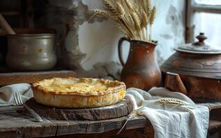 ai généré une classique tarte repose sur une en bois dalle, avec le lueur de Matin lumière éclairant ses d'or croûte photo