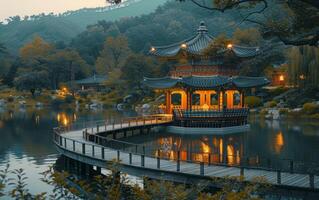 ai généré sérénité à crépuscule, traditionnel asiatique pavillon plus de l'eau photo