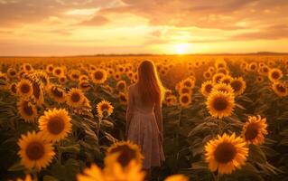 ai généré le coucher du soleil rêverie dans tournesol champ photo