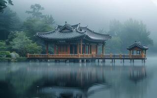 ai généré brumeux bord du lac traditionnel pavillons photo
