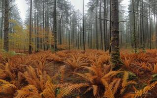 ai généré le forêt des stands dans en sourdine silence, ses sol une tapis de roux fougères photo