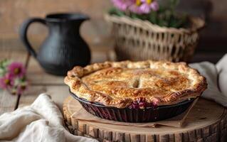 ai généré fait maison baie tarte sur rustique table photo